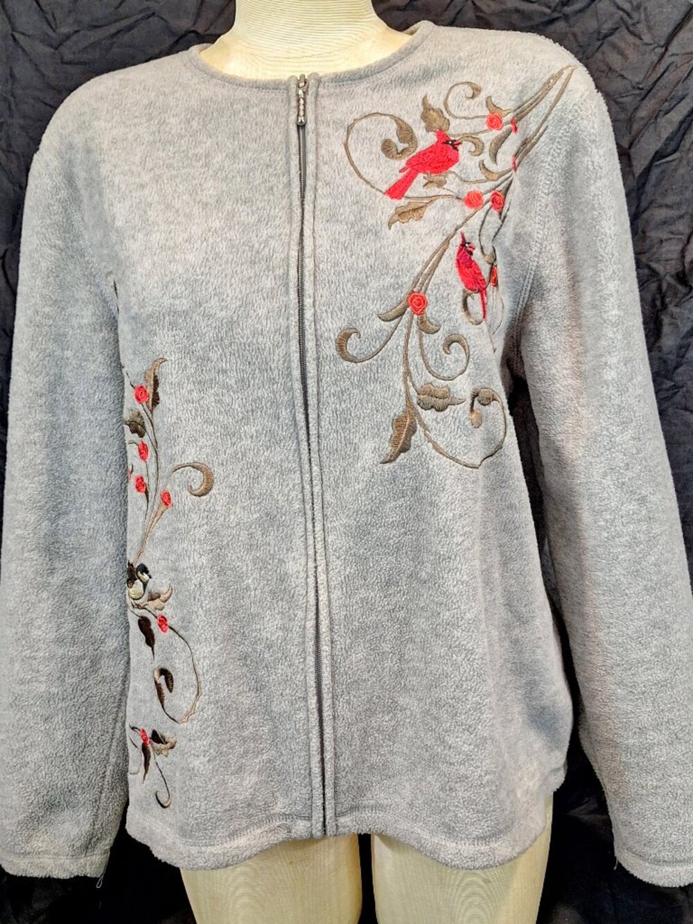 Croft and Barrow PXL Gray Cardinal Bird Roses Embroidered Fleece Zip Jacket